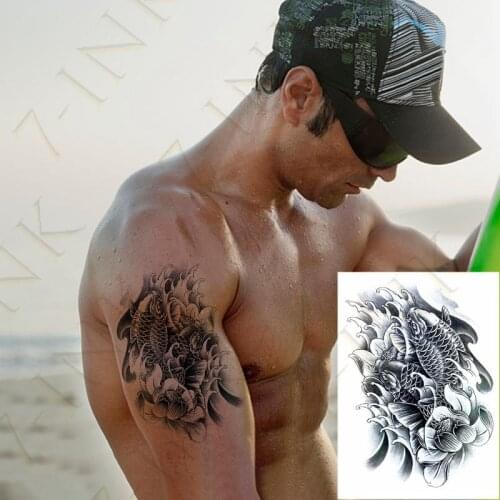 Temporary Tattoo Stickers Ukiyoe Black Spray Carp Koi Lotus Art Waterproof Water Transfer Tatto Fake Flash Tatoo for Women Men