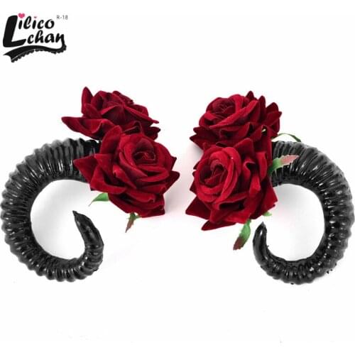 Gothic Cosplay Accessories Hair Clips Women With Red Rose Dark Queen Shofar Punk Style Headband Anime Role Playing Tempatation