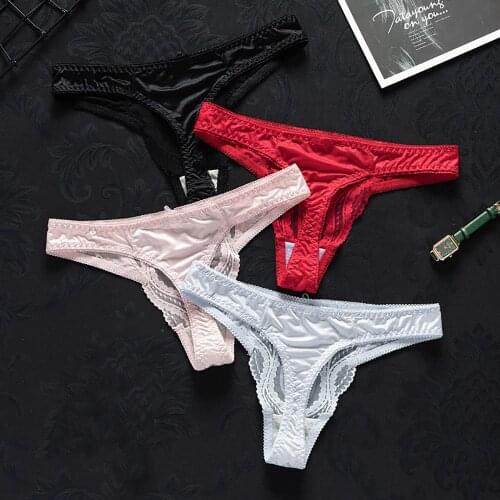 M-XL Sexy Lace Ice Silk Bow Thong Panties Women Seamless G-String Transparent Thin Underwear Breathable Briefs
