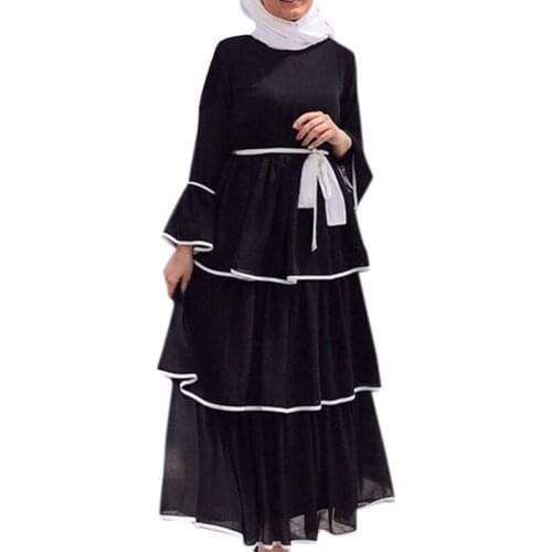 Womens Long Sleeve Europe American Style Muslim Tiered Dresses Abaya Robe
