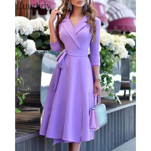 Women Elegant Solid Color Long Sleeve A-Line Dress With Sashes