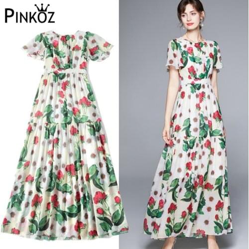 Pinkoz 2021 Summer Fashion Runway Plus size Dress Women chiffon Floral Print Elegant Boho Holiday Party Maxi Long Dresses Robe