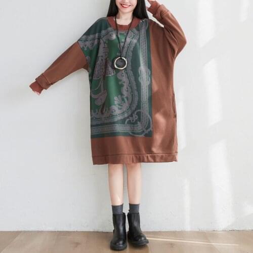 Print Cotton Thick Dress Women Winter Loose Chinese Style Dress Baggy O-Neck Bat Sleeve Plus Size Warm Knitted Vintage Dress