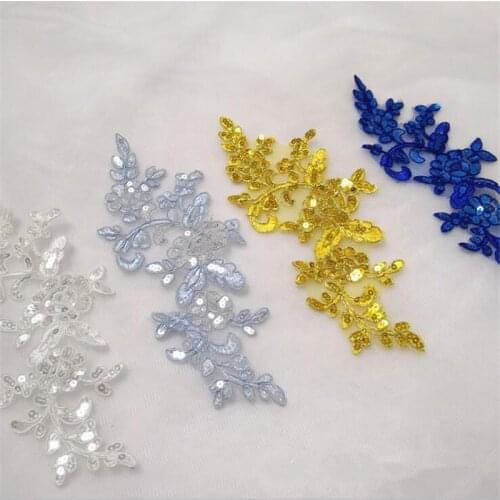 20Pcs Glitter Sequins Sky blue Sapphire Ivory Gold Embroidery Sewing Lace Applique Lace Patch for Wedding Dress