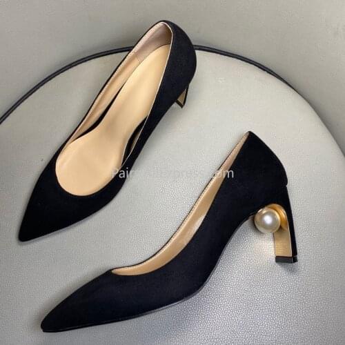 2020 New Fashion Golden Heel Pearl Shoes Genuine Leather Black Pumps Party Shoes Women 10cm Zapatos Mujer Tacon Size34-43
