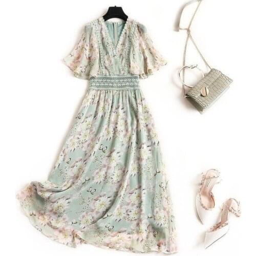 2021 summer new V-neck Ruffle sleeve print dress Slim lace hem chiffon party bodycon plus size long women clothes dresses