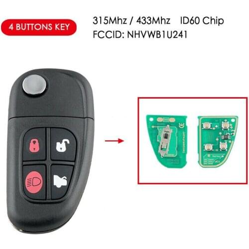 4 Buttons Remote Car Key Fob ID60 Chip NHVWB1U241 For Jaguar S-Type X-Type XJ8