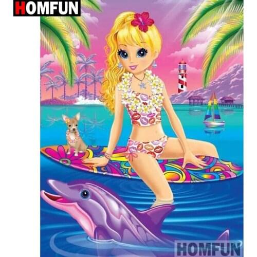 HOMFUN Full Square/Round Drill 5D DIY Diamond Painting "Cartoon girl dolphin" Embroidery Cross Stitch 3D Home Decor Gift A13958