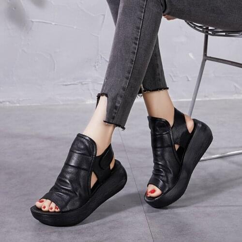 Summer Women Ankle Boots Black Handmade Fashion Genuine Leather Sandals Wedge Womens Shoes Soft Bottom Woman Platform Sandals