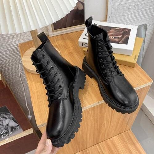 Black PU Leather Womens Boots For Autumn Ankle Boots Womens Shoes Round Toe Lace Up Woman Fashion Motorcycle Platform Botas
