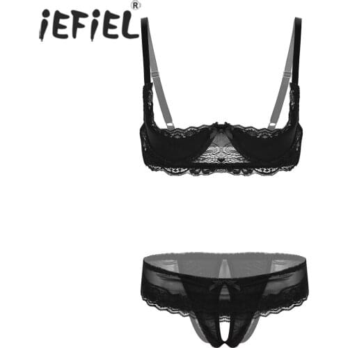IEFiEL Adult Women Lace Transparent Sissy Lingerie Set Unlined Shelf Bra with Crotchless Sexy Underwear Parties Nightwear