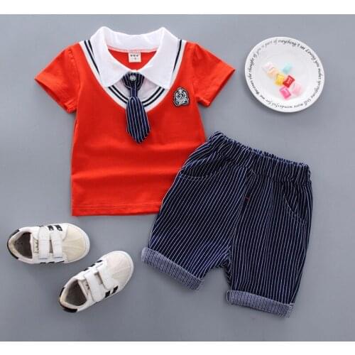 2019 Childrens tie short-sleeved suit summer leisure boys summer wear 1 / 2 / 3 4-year-old baby T-shirt shorts 2 sets