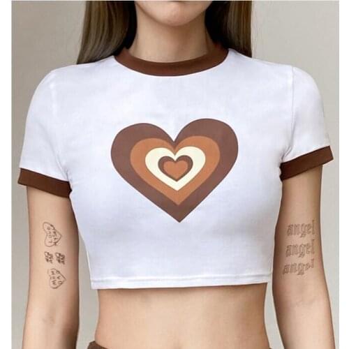 Summer Girls Round Collar T-shirt, Ladies Fashionable Heart Printing Short Sleeve Midriff-baring Top Slim Base Shirt