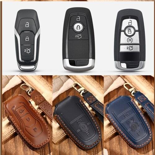 KEYYOU Leather Car Key Case For Ford Mustang Edge Explorer Fusion Mondeo Kuka Focus Fusion Mk2 Mk7 Explorer Ranger Protection