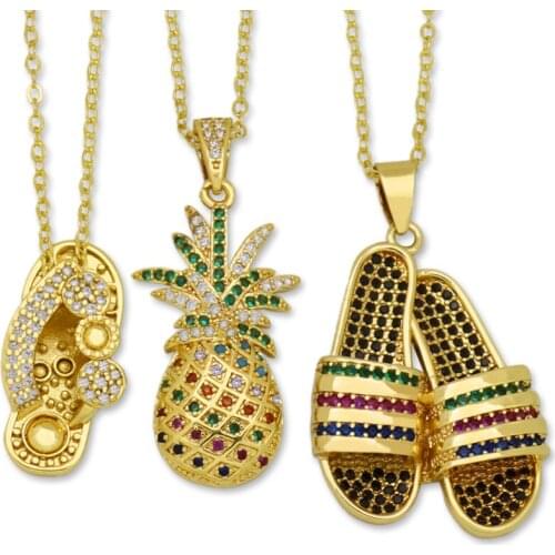 Summer Jewelry Gold Necklaces for Women Girls Birthday Gift Cubic Zirconia Rainbow Flip Flop Pineapple Pendant Necklace
