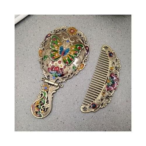 Retro Metal Hand-held Mirror European Classic Rose Handle Folding Makeup Mirror comb set Birthday Valentines Day Gift 1402