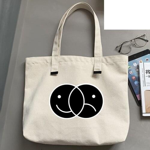 Fashion Beige and Black Aesthetic Cartoon Duality Print Tote Bag Eco Foldable Shopper Shopping Women Package Travel Canvas Bags