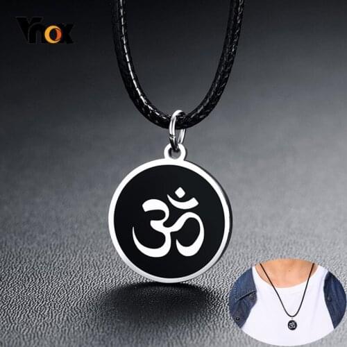 Vnox Sports OM AUM Pendant Necklaces for Men Male with 24" Black Genuine Leather Rope Chain