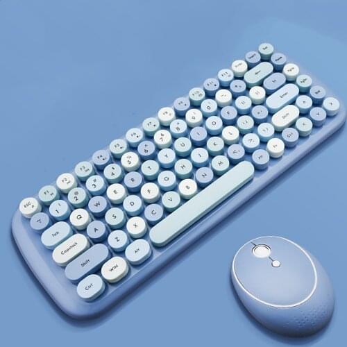 2.4G Wireless Keyboard Mouse Kit Girl Gift 1600DPI Retro Vintage Punk Colorful 84 Round Keys Cute Pink Blue Green For PC Laptop