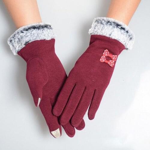 New Fashion Women Bow Lace Sports Fitness Cycling Gloves Female Winter Plush Cuffs Warm Cashmere Phone Touch Screen Gloves L17