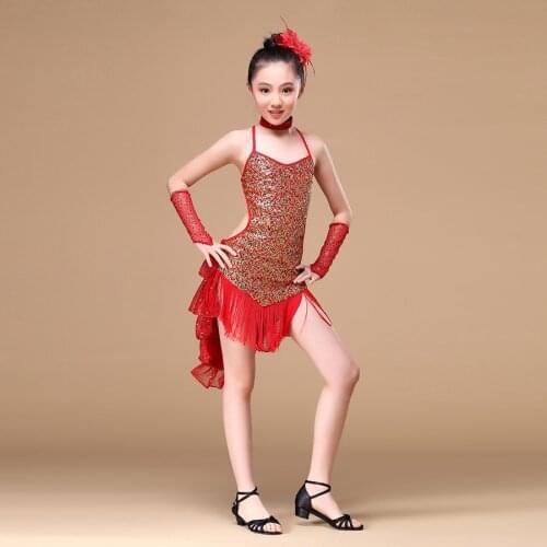 5-15 Years Children Dance Outfit with Sleeves Sequins Latin Dresses for Girls Backless Fringe Ballroom Latin Dress for Girls