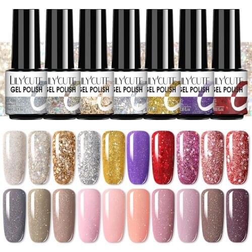 LILYCUTE 7ml Pink Series Glitter UV Gel Nail Polish Shinning Semi-Permanent Nail Art Soak Off Gel Varnish Dry with LED Lamp