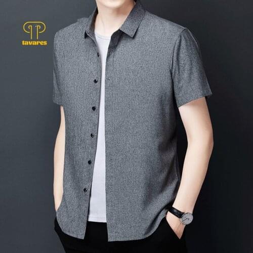 TAVARES Men Dress Shirts Summer Social Office Business Collared Shirt Short Sleeve Oversized White Black Button Up Shirt