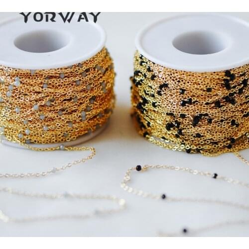 Gold Plated Brass Crystal Bead Chains, 2mm Beaded Chains with 3mm Glass Rondelles, Lead Nickel Free (#LK-145)/ 1 Meter=3.3 Ft