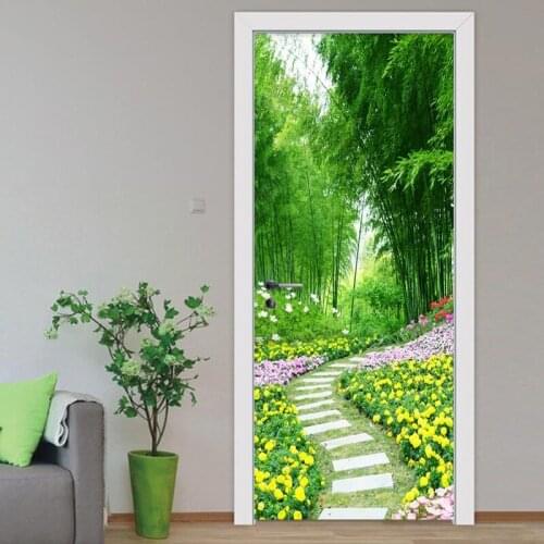 2 Pieces/Set Self-Adhesive Door Sticker 3D Bamboo Forest Path Wall Paper Living Room Kitchen Waterproof Home Decoration 3D Paste