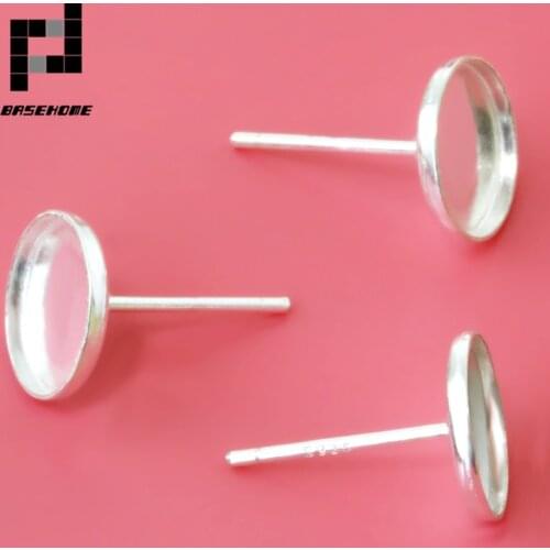 BASEHOME 4pcs 925 Sterling Silver Earrings Settings 8mm Blank Round Base Cabochon Stud Ear Flat Base DIY Pure Silver Earrings