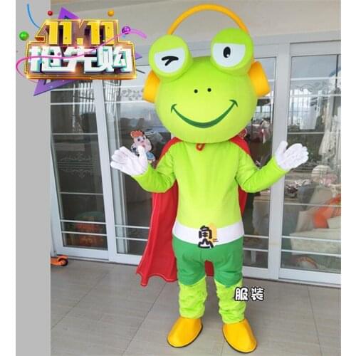 Green Frog Mascot Costume Frogs with Cloak and Headset Adult Cartoon Character Outfits Suit Advertising Leaflets Clothings