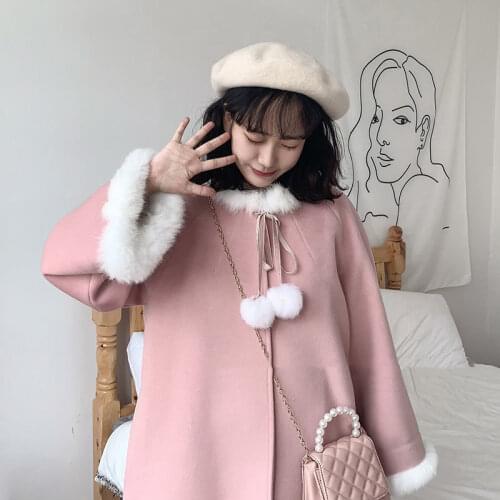 JuneLove Long Wool Coat Women Sweet Warm Winter Trench Coat Female Casual Japanese Style Warm Overcoat Female Winter Fur Coat