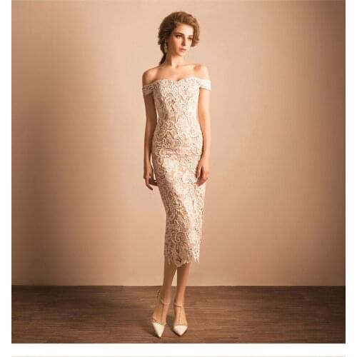 Sexy Off Shoulder Coctail Dresses For Women Champagne Lace Tea Length Robes Courtes Coktail Plus Size Homecoming Dresses
