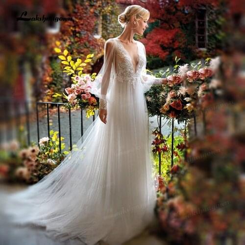 Romantic V-neck Wedding Dresses with Long Lace-cuffed Sleeves Princess Flowing Embroidered Tulle Bridal Gowns vestido de novia