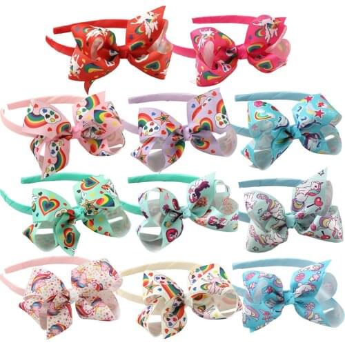 11pcs/lot 4.5" Grosgrain Hair Bows With Hair Bands Unicorn Print Cartton Headbands Ribbon Hairband