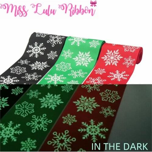 3"75mm White Ink Printing Glow in the Dark Christmas Snowflake Printed Solid Color Grosgrain Ribbon DIY Bows 50yards/roll
