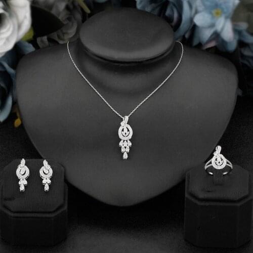 3pcs Bridal Cubic Zirconia Jewelry Sets Lobster Clasp Necklace For Women Party, Luxury Dubai Nigeria CZ Crystal Wedding Jewelry