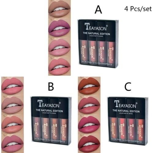 4pcs/set Womens Fashion Liquid Lip stick Set Lipgloss Nude Makeup Matte Velvet Lip Glosses Red Natural Moisturizer