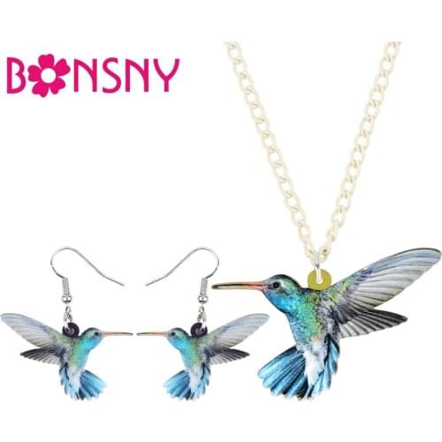 Bonsny Acrylic Jewelry Sets Cute Hummingbird Bird Necklace Earrings Choker Fashion Pendant For Women Girls Teens Decoration