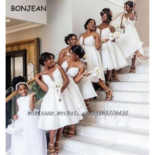 White Bridesmaid Dresses V Neck Knee-Length Elastic Satin African Bridesmaid Dress Plus Size for Women Wedding