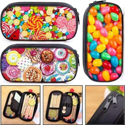Donuts / Candy / Sandwich Print Pencil Case Ladies Canvas Portable for Travel Large Capacity Pencil Box Women Cute Makeup Box