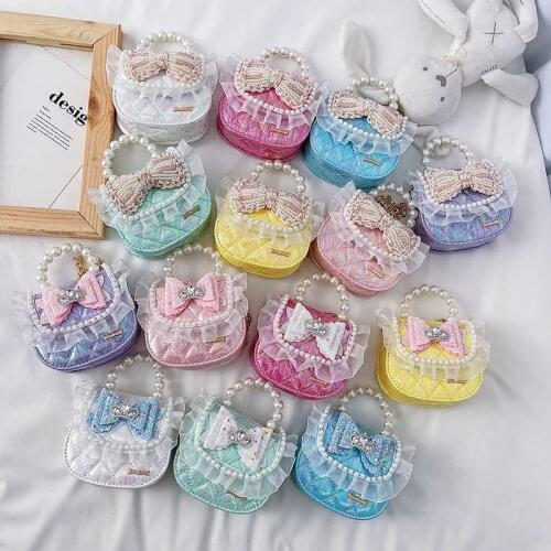 Kids Lace Bow Purses and Handbags 2021 Cute Mini Crossbody Little Girl Small Laser Coin Pouch Baby Party Hand Bags for Girl Tote