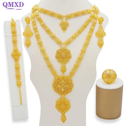 Dubai Gold Colour Rose Flower Long Necklace Earring Ring Bracelet Wedding Accessories Decoration Jewelry Set