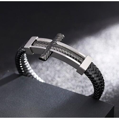 Jewels Store Cross Bracelet Men Genuine Cowhide Stainless Steel Leather Wrap Bangle Christian Prayer Jewelry For Man