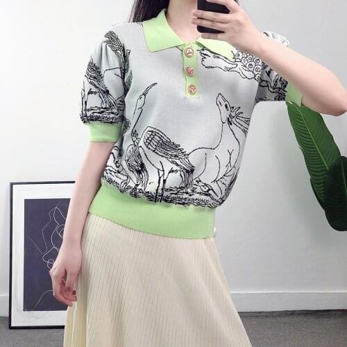 Sketch Goat Crane Jacquard T Shirts Women Fashion Tops 2021 Summer Tee Bee Button Half-open Polo Shirt Thin Sweater Tops