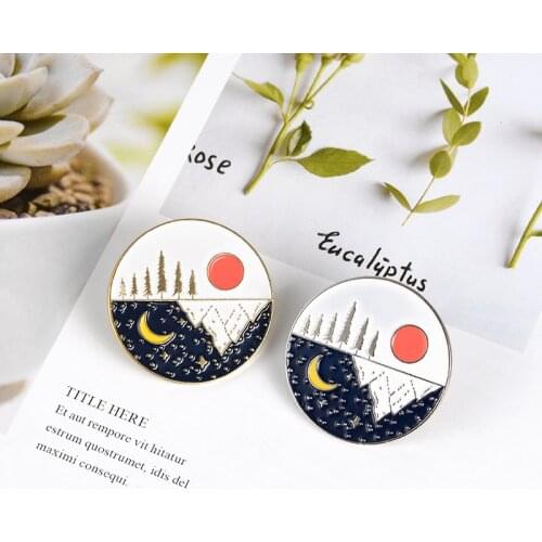 Harajuku Natural Pins Landscape Reverse Day And Night Sun Moon Star Peak Romantic Starry Sky For Lovers Friends Accessories