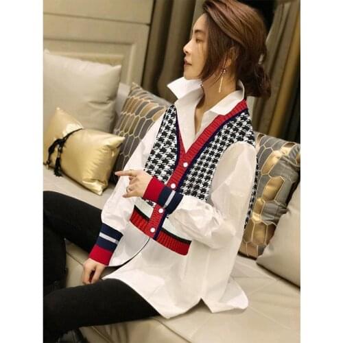 Foreign style design sense knitted splicing shirt womens white medium length top fashion