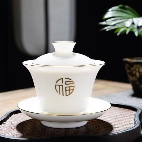 Dehua White Porcelain Handmade Ceramic Cover Bowl Tea Cup Household Large Tea Making Sancai Bowl Suet Jade Tea Bowl Set