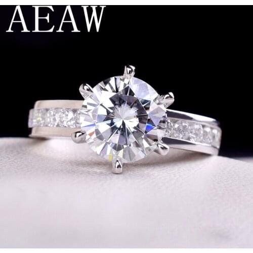 AEAW 2ctw 8mm F Round Cut Engagement&Wedding Moissanite Diamond Ring Double Halo Ring Platinum Plated Silver