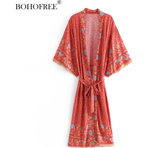 Boho women peacock print bat sleeve beach Bohemian Kimono robe Ladies V neck Tassel Summer happie dress vestidos